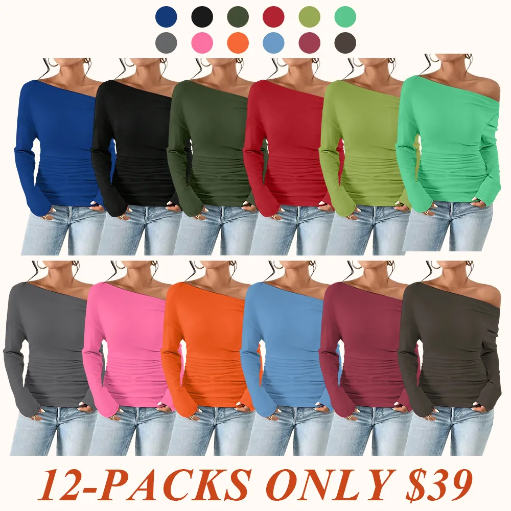 Women's Plain Ruched Asymmetrical Neck Drop Shoulder Tee