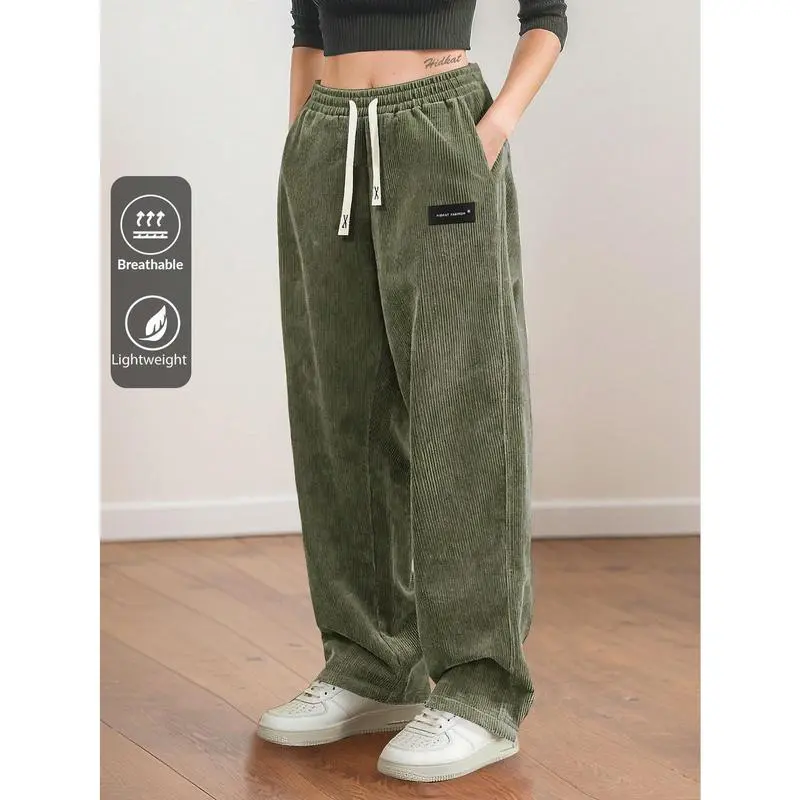 Women's Straight Leg Corduroy Pants Featuring Drawstring Elastic Waist, Fit for Casual