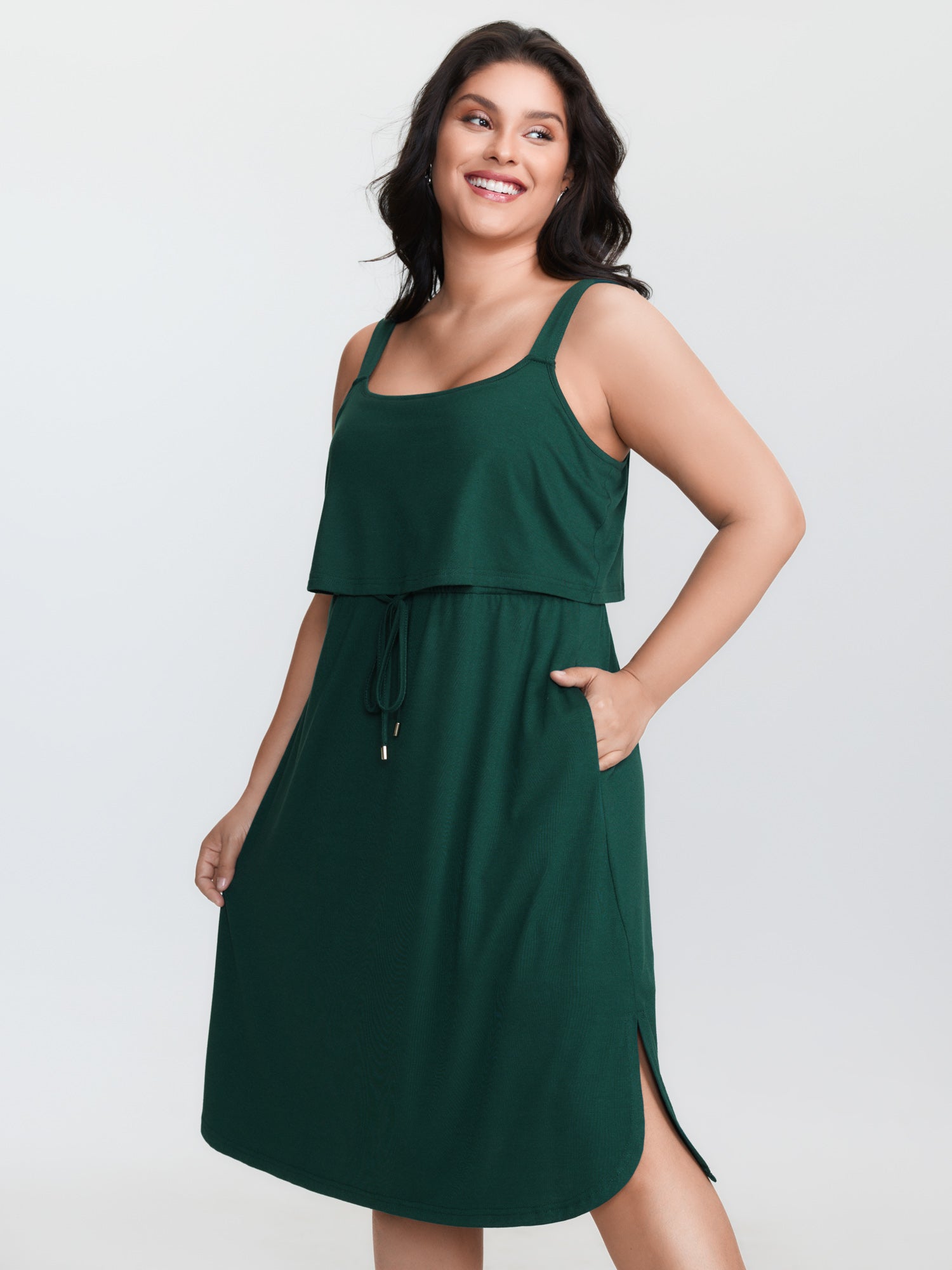 Drawstring Waist Side Slit Cami Mini Dress