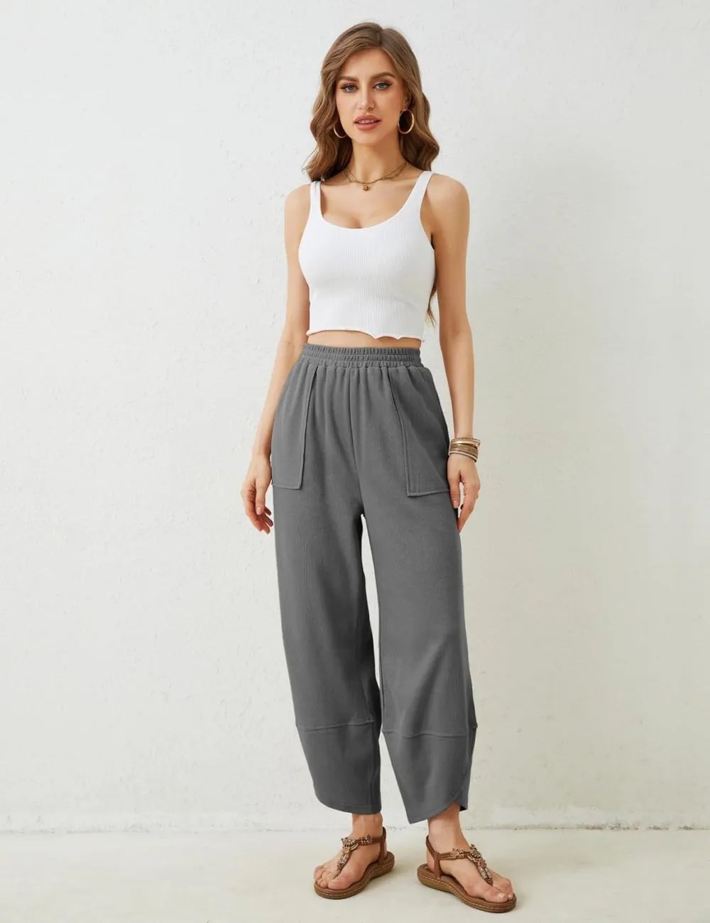 Women's Wide Leg Harem Pants Casual Palazzo Pants with Pockets High Waist Relaxed Fit