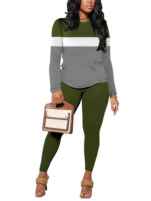 Two-Piece Set Women's Striped Print Long Sleeve Tee & Skinny Pants Set