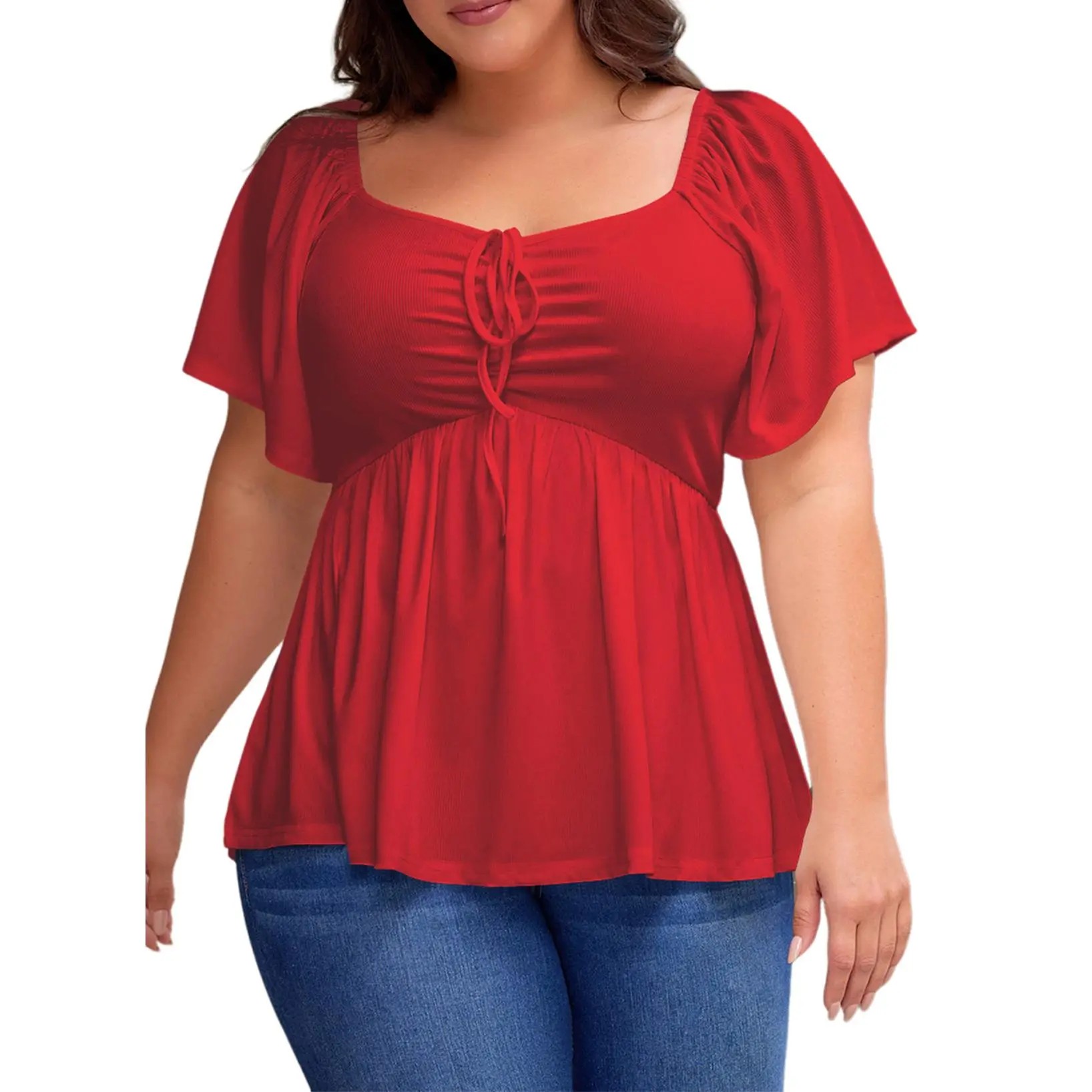 ⏰8 PACKS Women's Plus Size Sweetheart Neck Short Sleeve Shirred Peplum Blouse Tops Shirts(1X-5X)