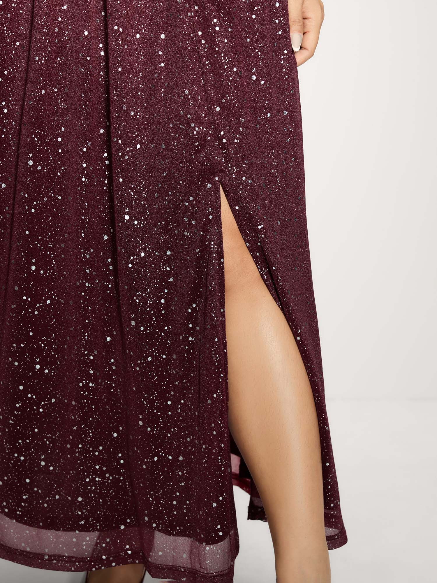 Shimmery Hot Stamp Stretchy Slit Maxi Dress