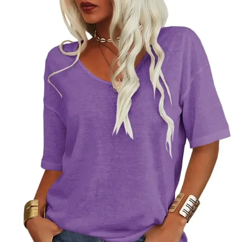 Women Soft V Neck Tshirt Half Sleeve Lightweight Solid Color Loose Fit Minimalist Top