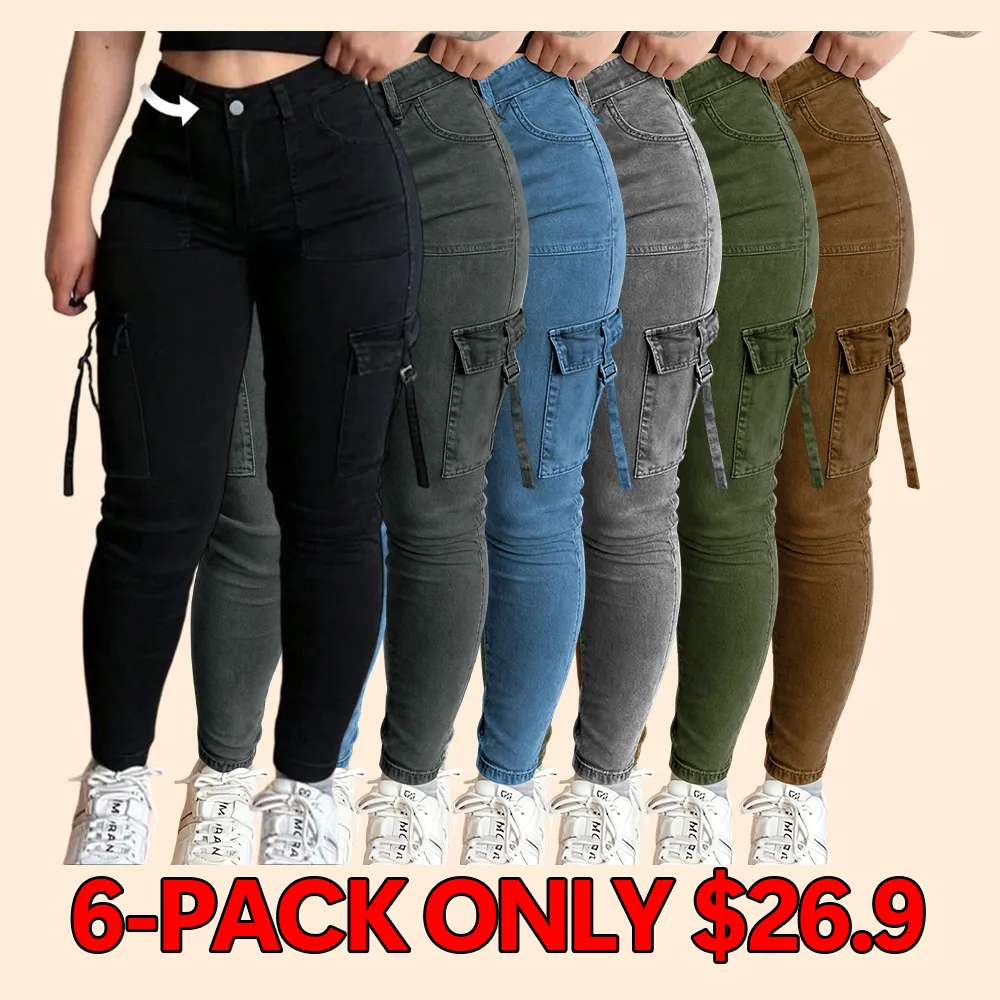 Women's solid color multi-pocket denim cargo pants