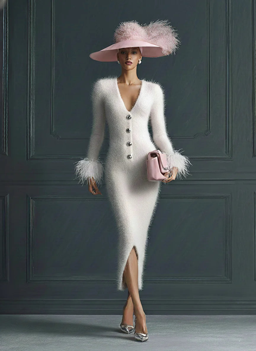 White Mohair V-neck Button Imitation Ostrich Feather Midi Dress