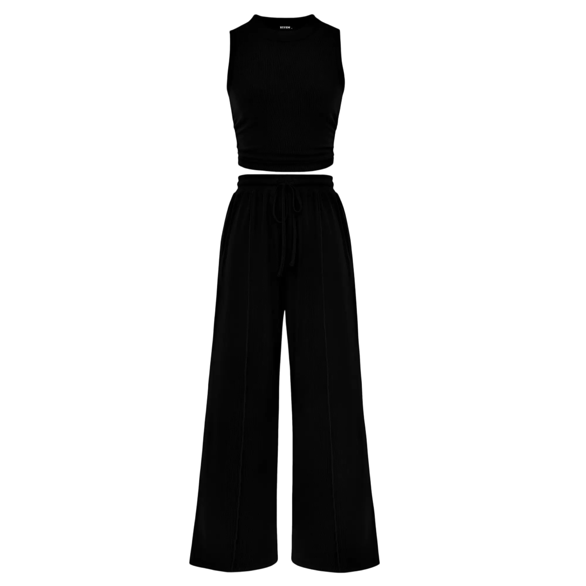 Women's Summer Two-Piece Set — Ribbed Knit Crew Neck Sleeveless Cropped Top