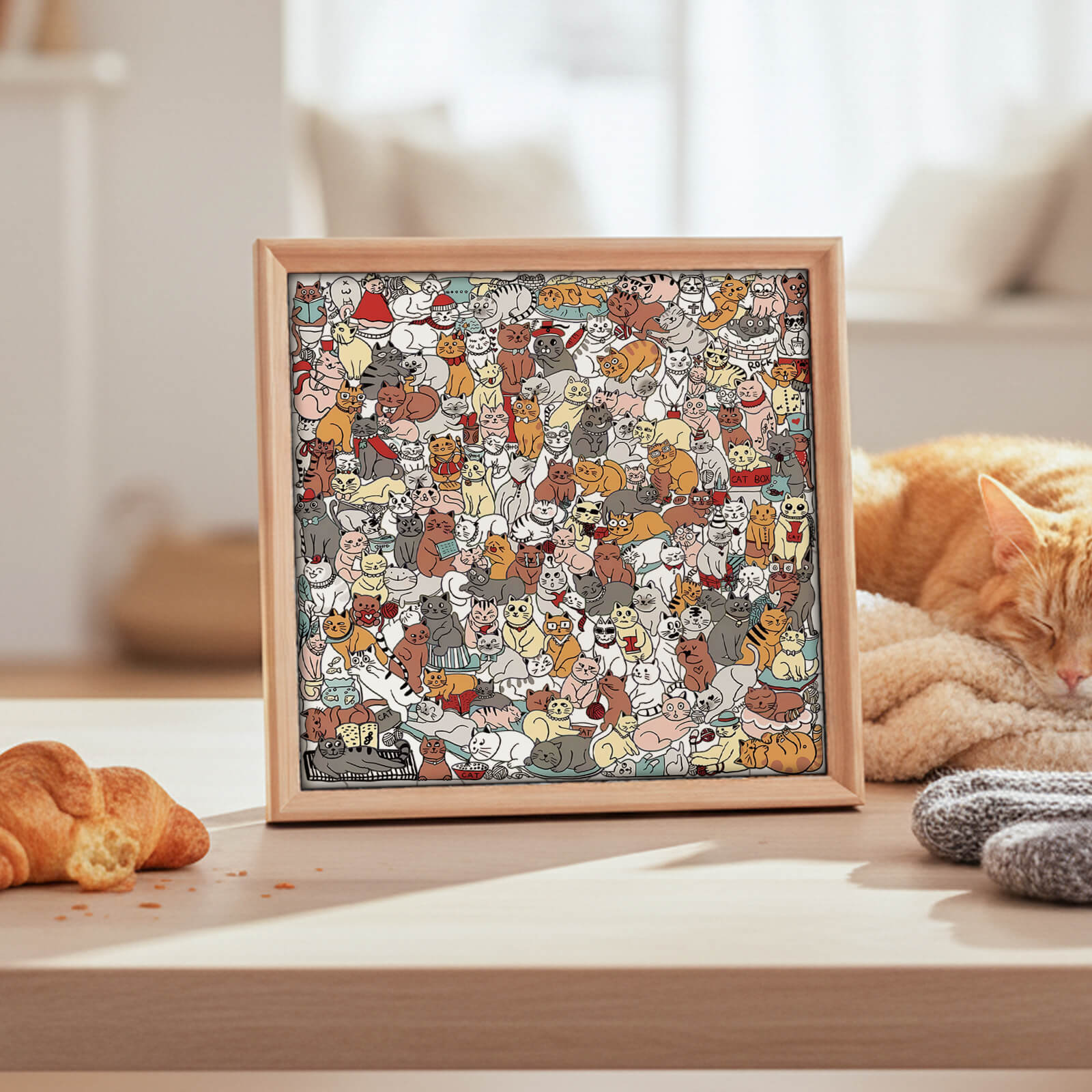 175 Pcs Morandi-Colored Cute Cat Shaped Square Wooden Jigsaw Puzzle