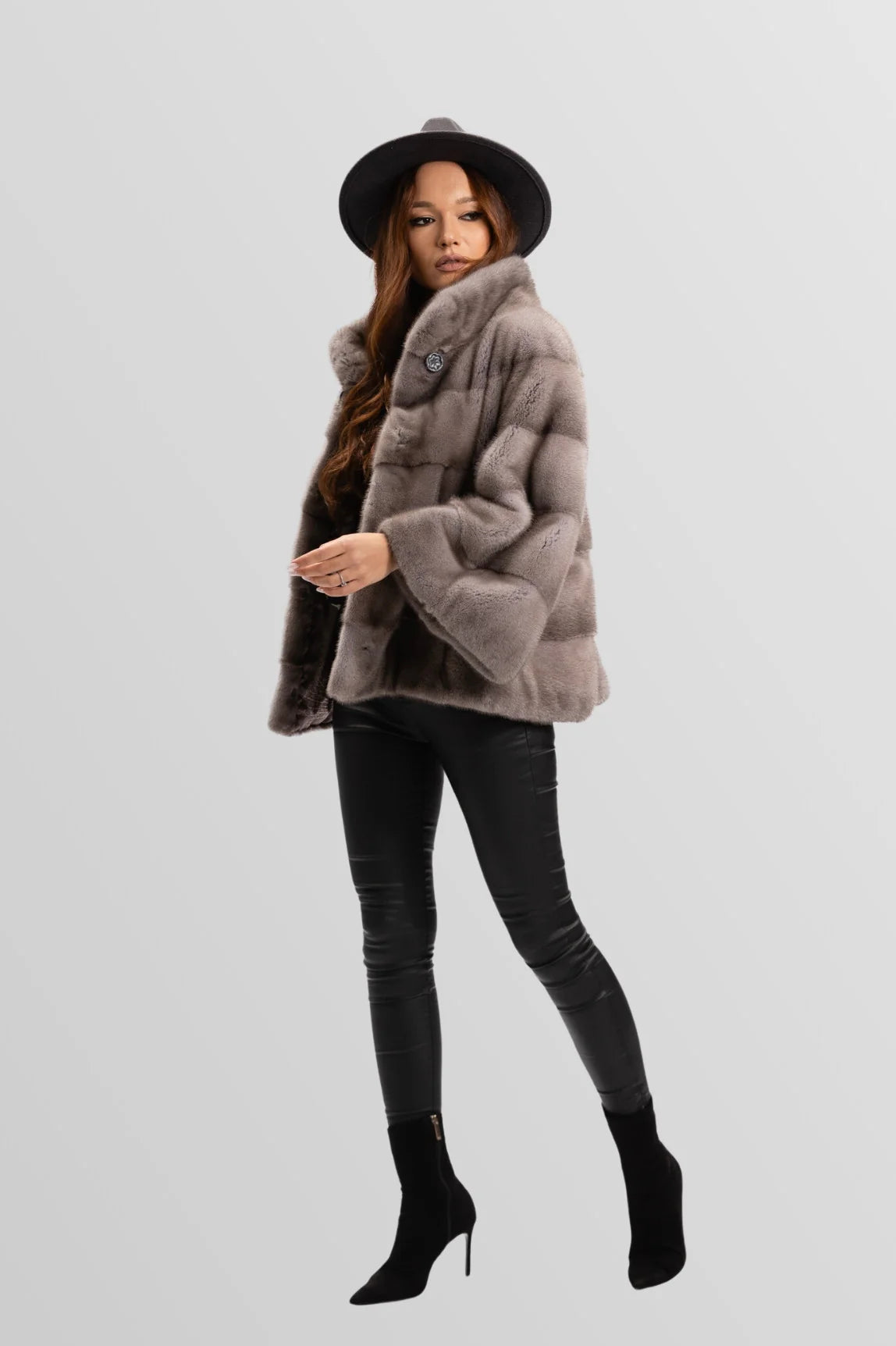 Haină din Blană Naturală de Vizon, Mânecă Clopot, Oversized, Femei, Silver Blue 230