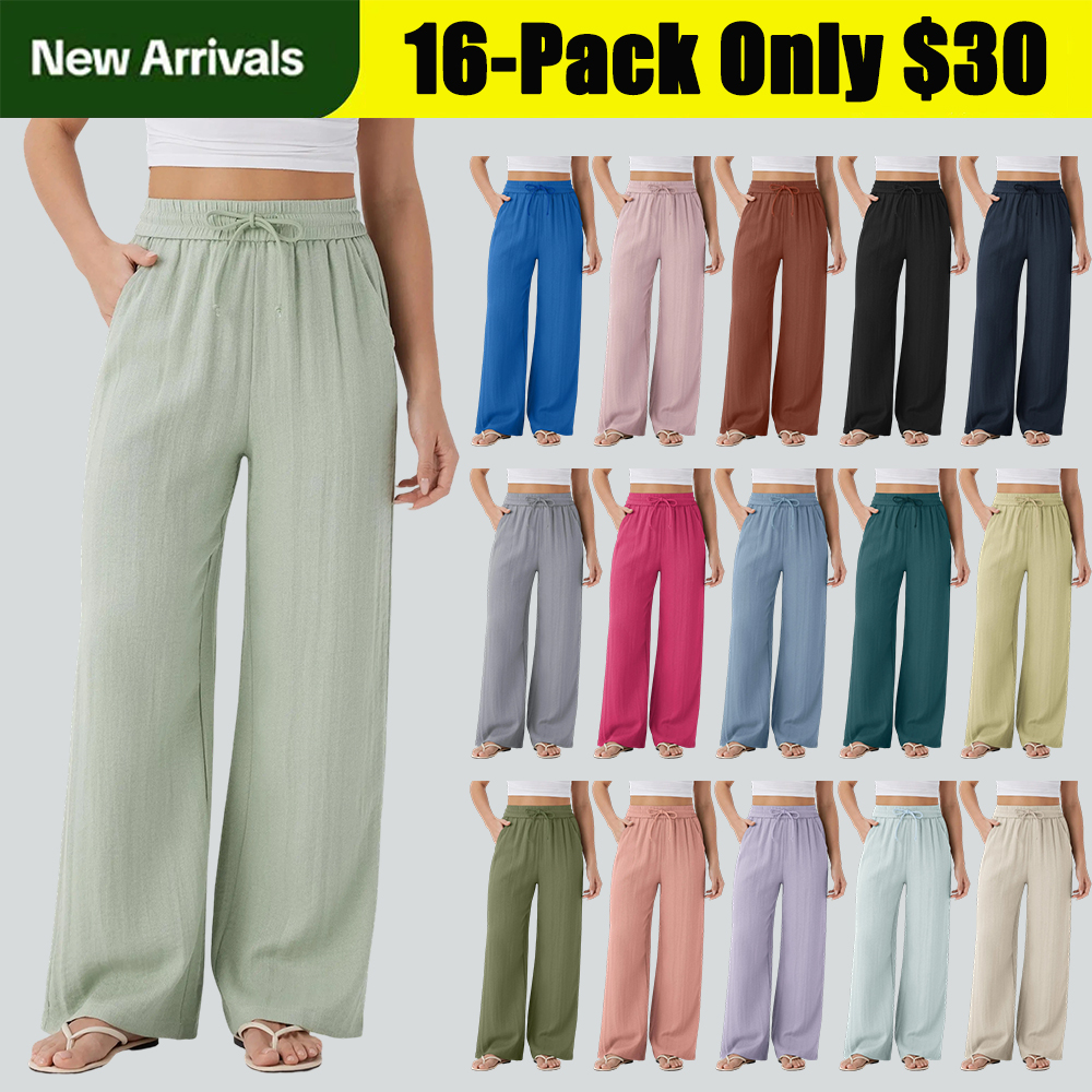 Women's High Waisted Drawstring Pocket Wide Leg Casual Linen-Feel Pants