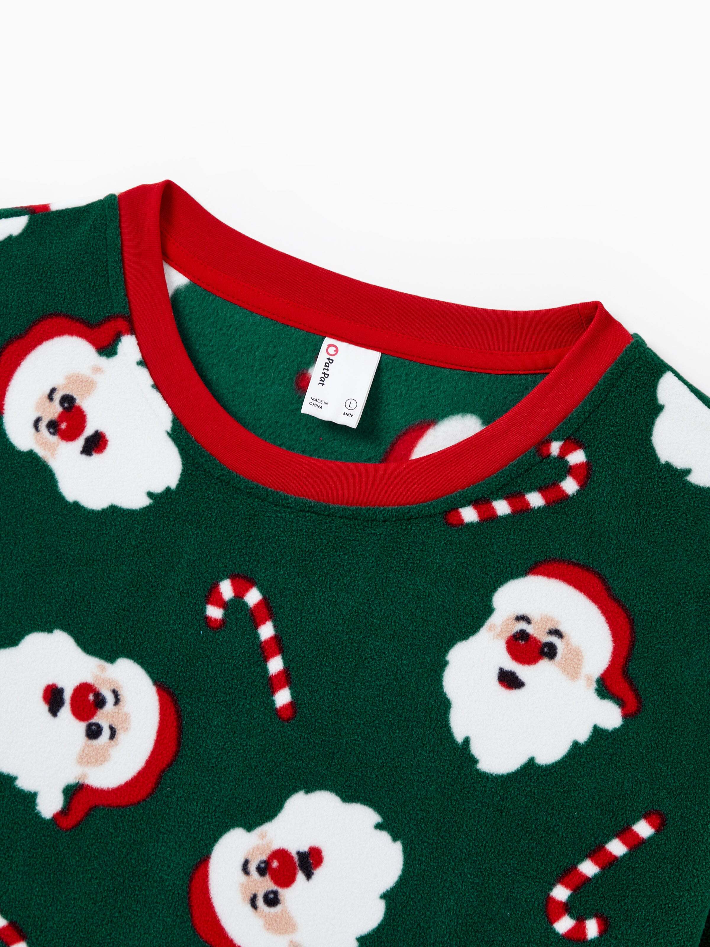 Christmas Matching Family Fleece Pajamas Set Santa Claus and Candy Cane Print PJS with Christmas Socks Dark Green