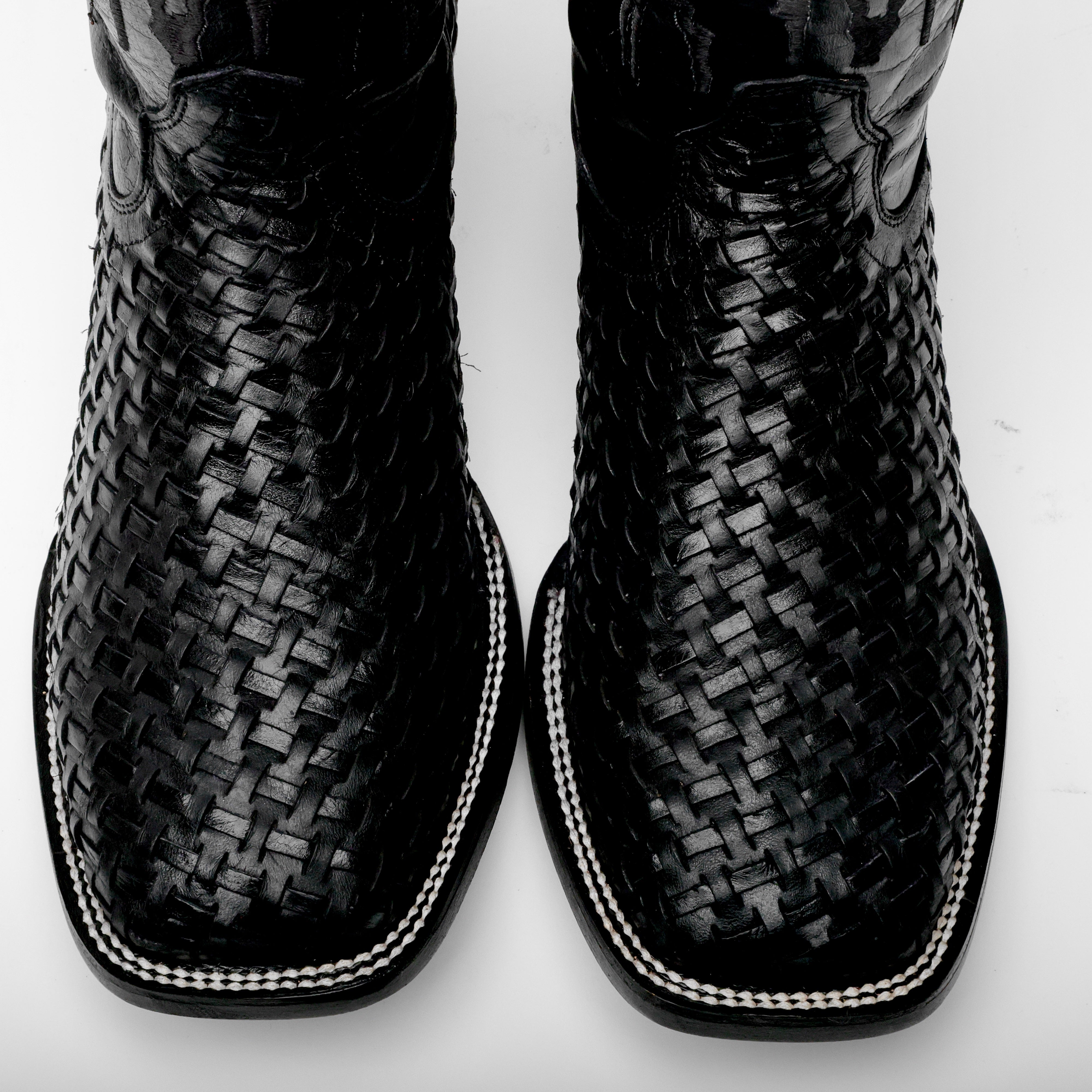 Black Basketweave Leather Boots - Square Toe