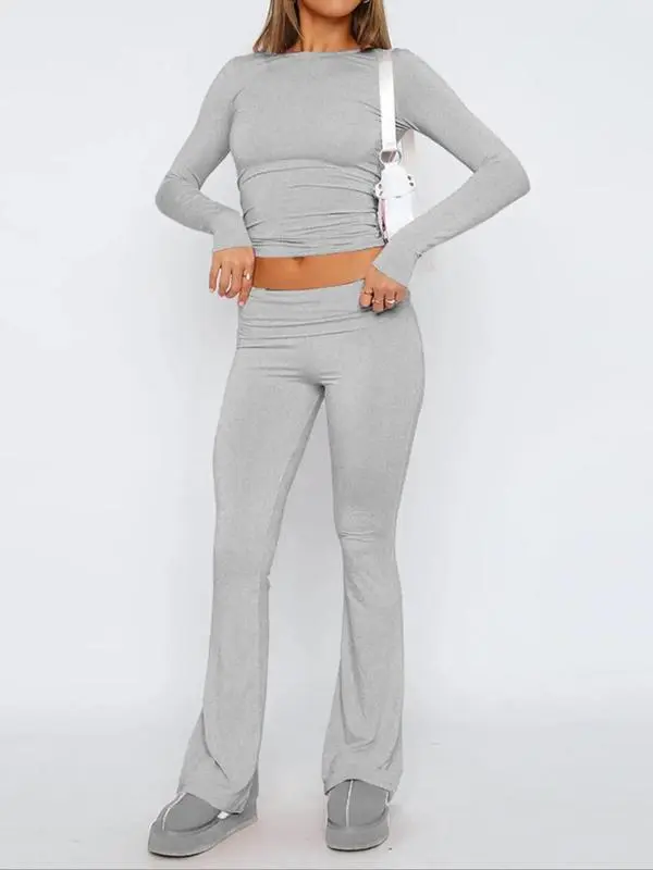 Women'S Solid Long Sleeve Crop Tee & Flare Leg Skinny Pants Loungewear Set