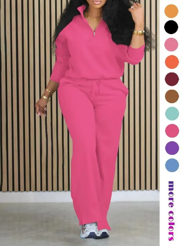 Women's Solid Half Placket Split Hem Pants Set