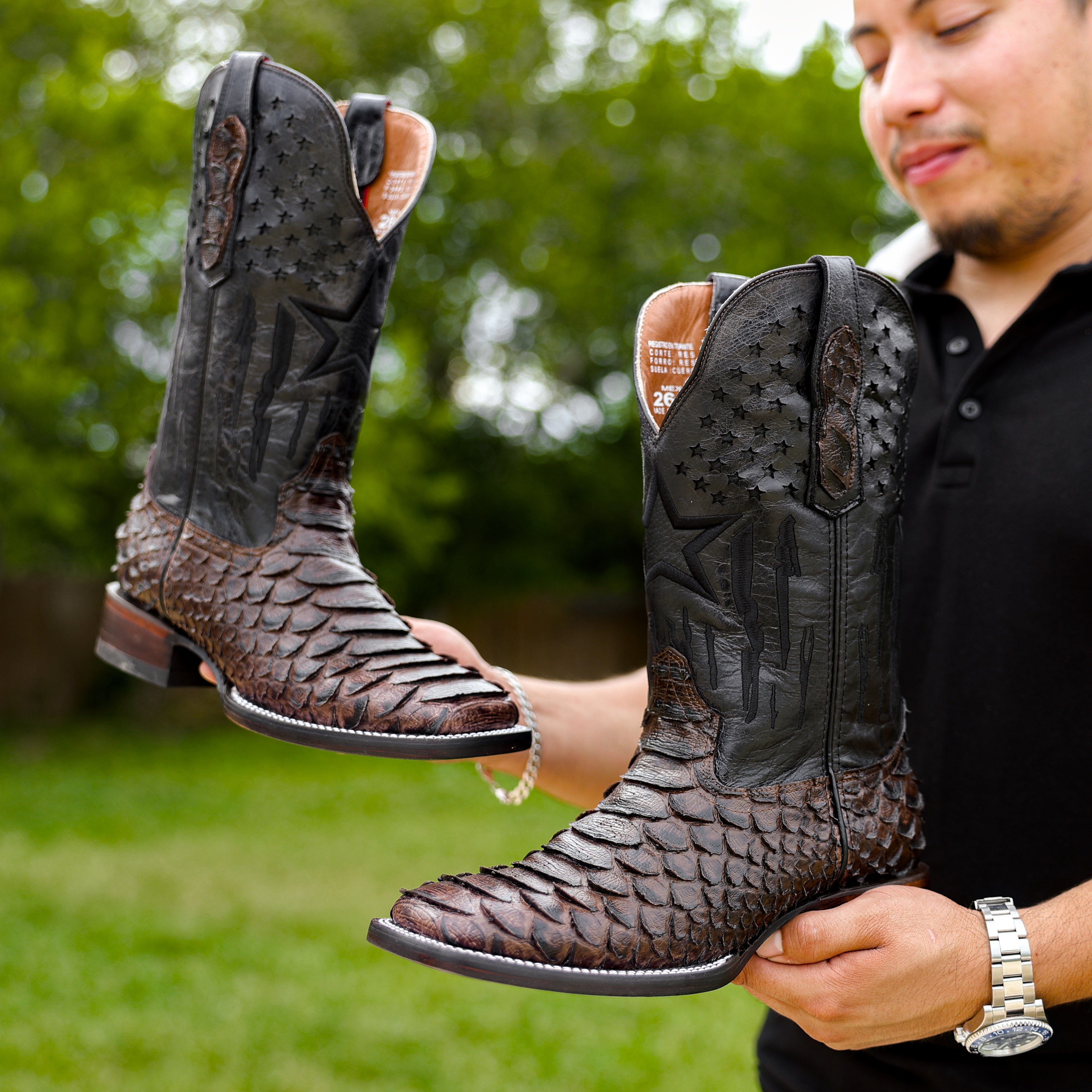 Brown Jumbo Python Leather Boots - Square Toe