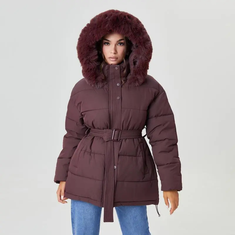 Women's Versatile Solid Color Fluffy Hooded Zip-Up Belt Decor Cotton Coat