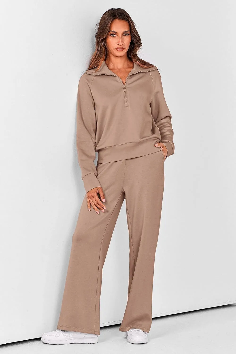 🔥Final Day Clearance!🛒Women's 2 Piece Outfits Casual Lapel Half Zip Sweatshirts And Wide Leg Pants Tracksuit Sets