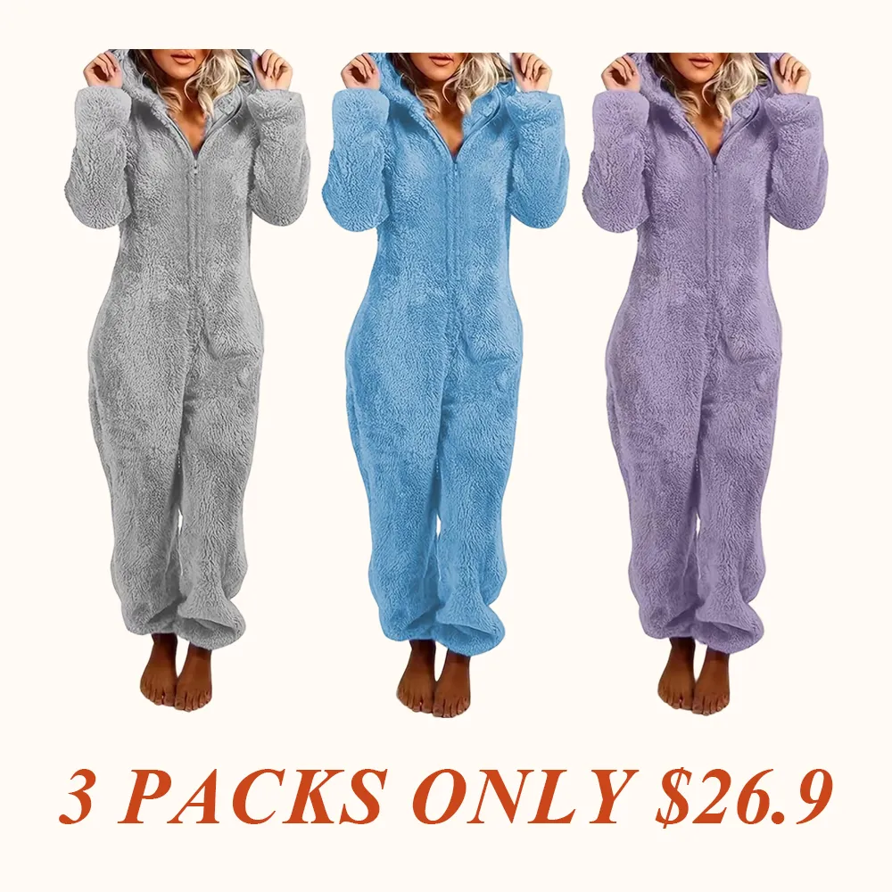 Women's Solid Zipper Hooded Plush Pajama Jumpsuit