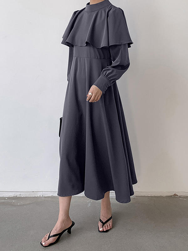 Ruffle Trim Solid Color Tied Waist A-Line Long Sleeves Mock Neck Midi Dresses