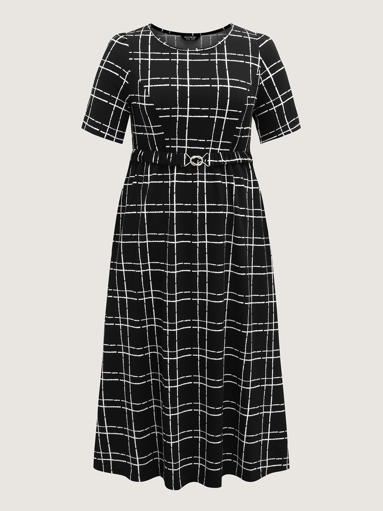 Grid Print Knit Belted Midi Dress