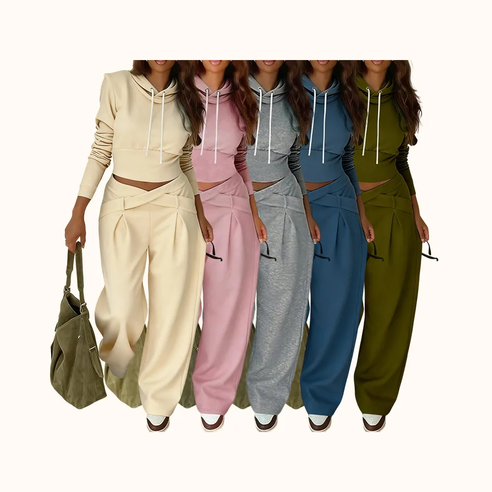 Women's Casual Hooded Sweatshirt Set, Long Sleeve Plain Pullover, Fitted Pants