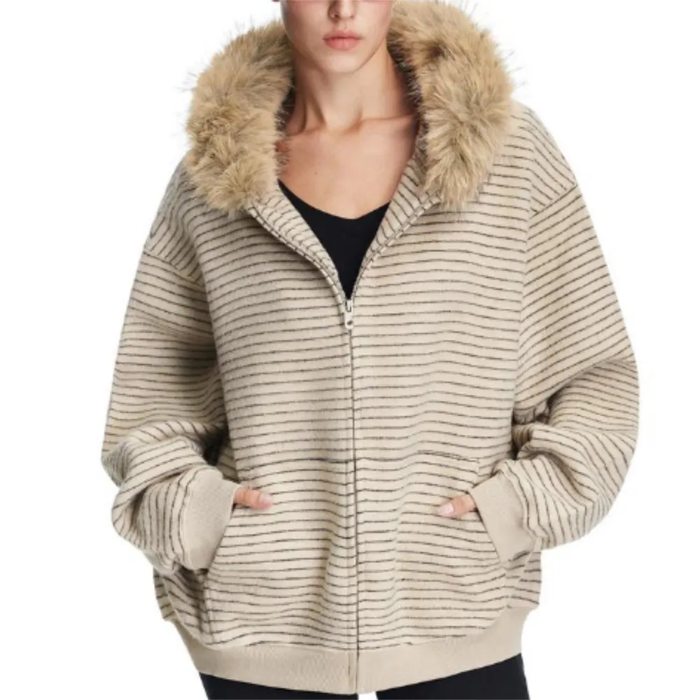 Women’s Striped Fur Collar Zip Hoodie