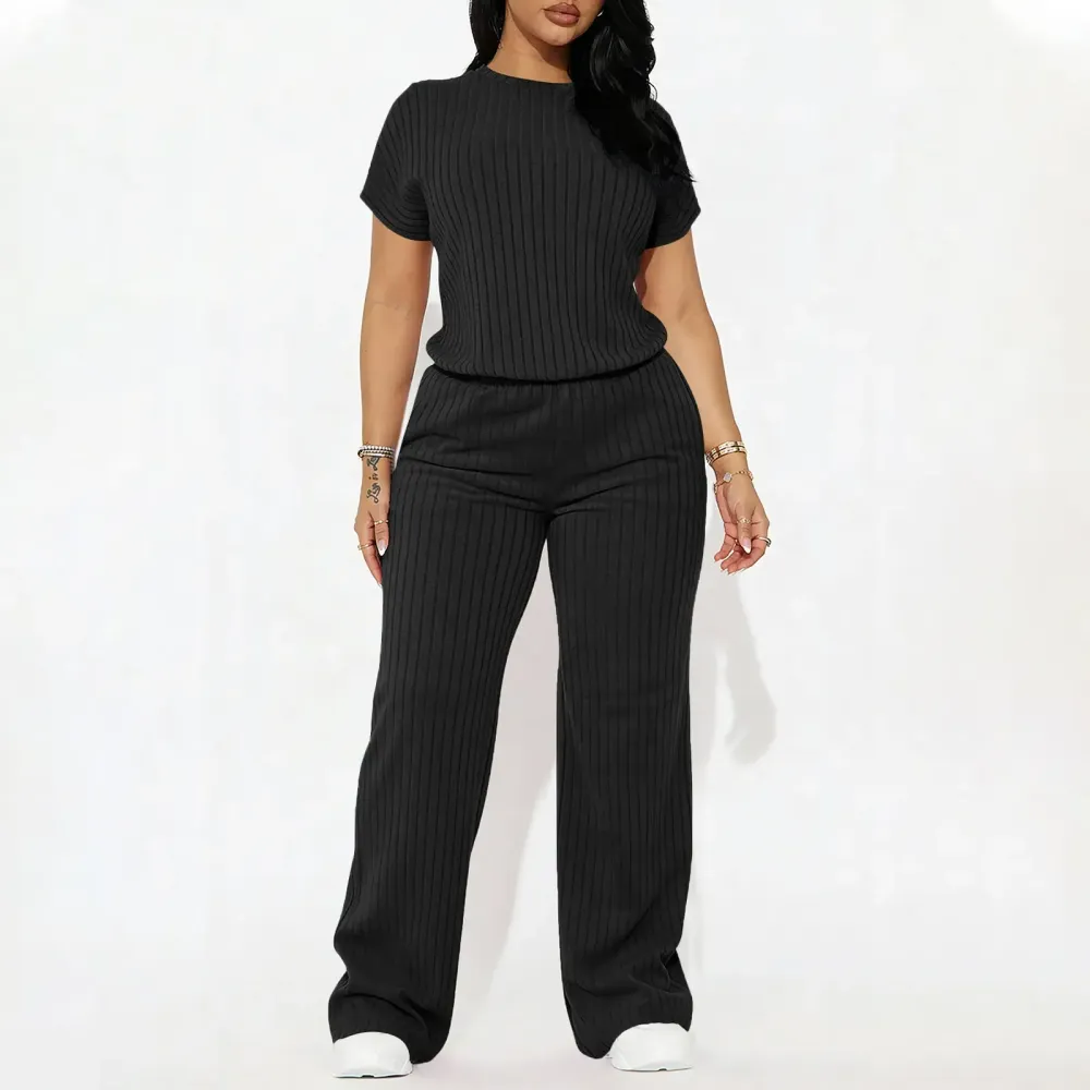 Women's Solid Shortsleeve Crewneck Ribbed Top & Wide Leg Pants Minimalist Casual Fitted