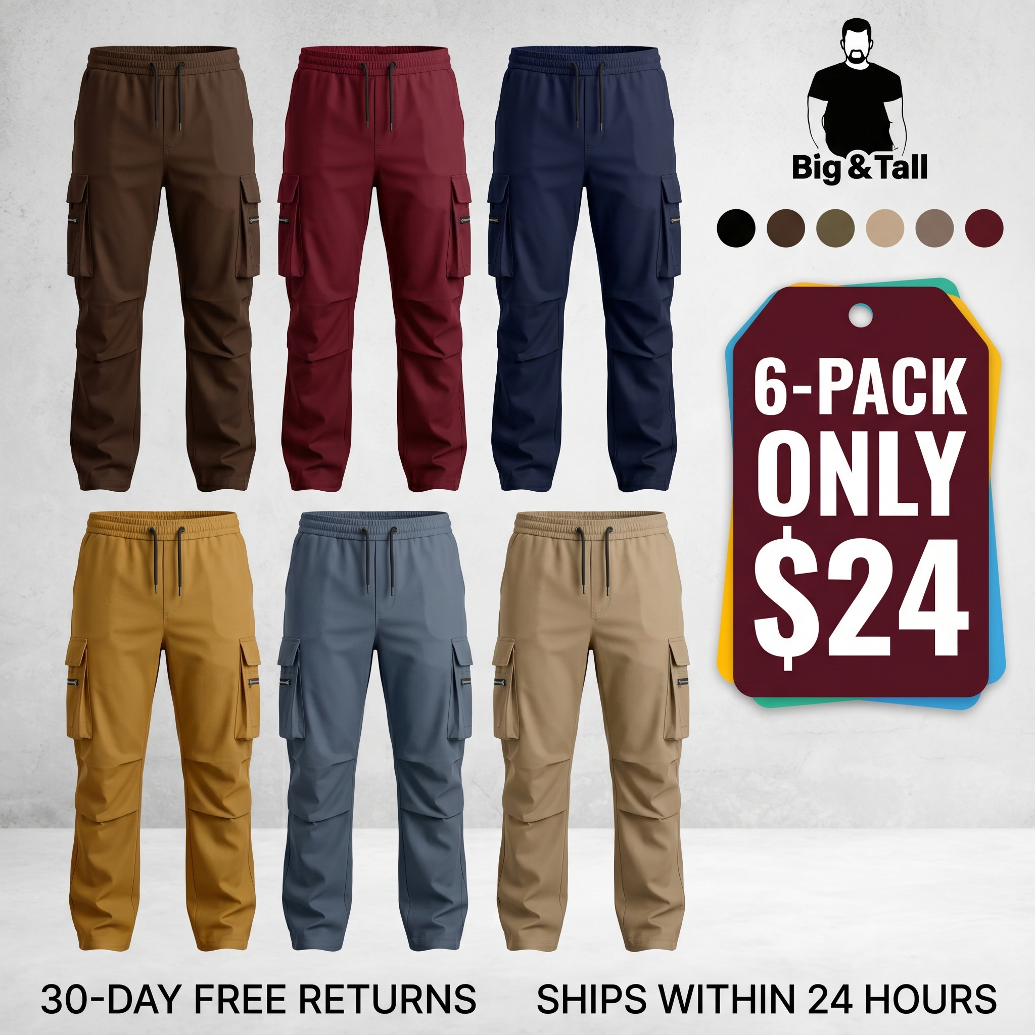 Men's Plus-Size Solid-Color Drawstring Cargo Pants