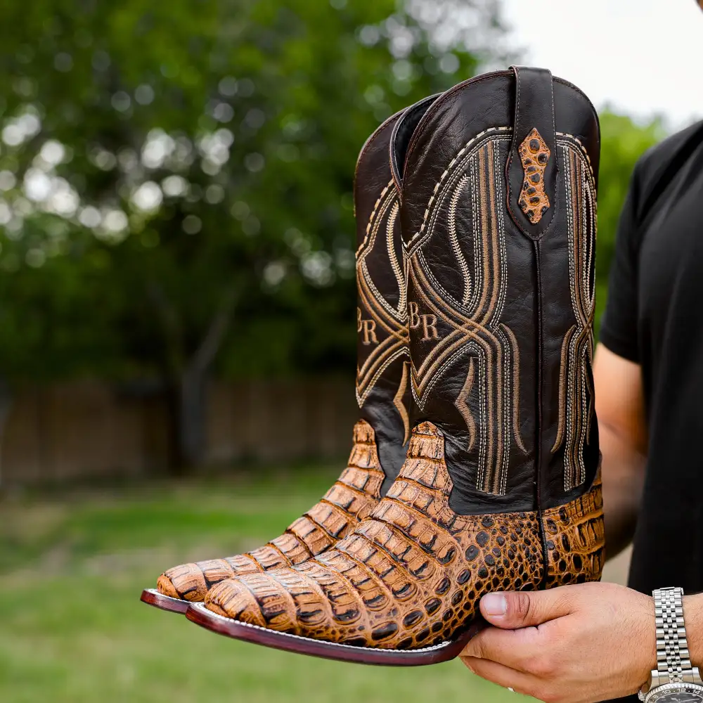 Honey Caiman Hornback Leather Boots - Square Toe