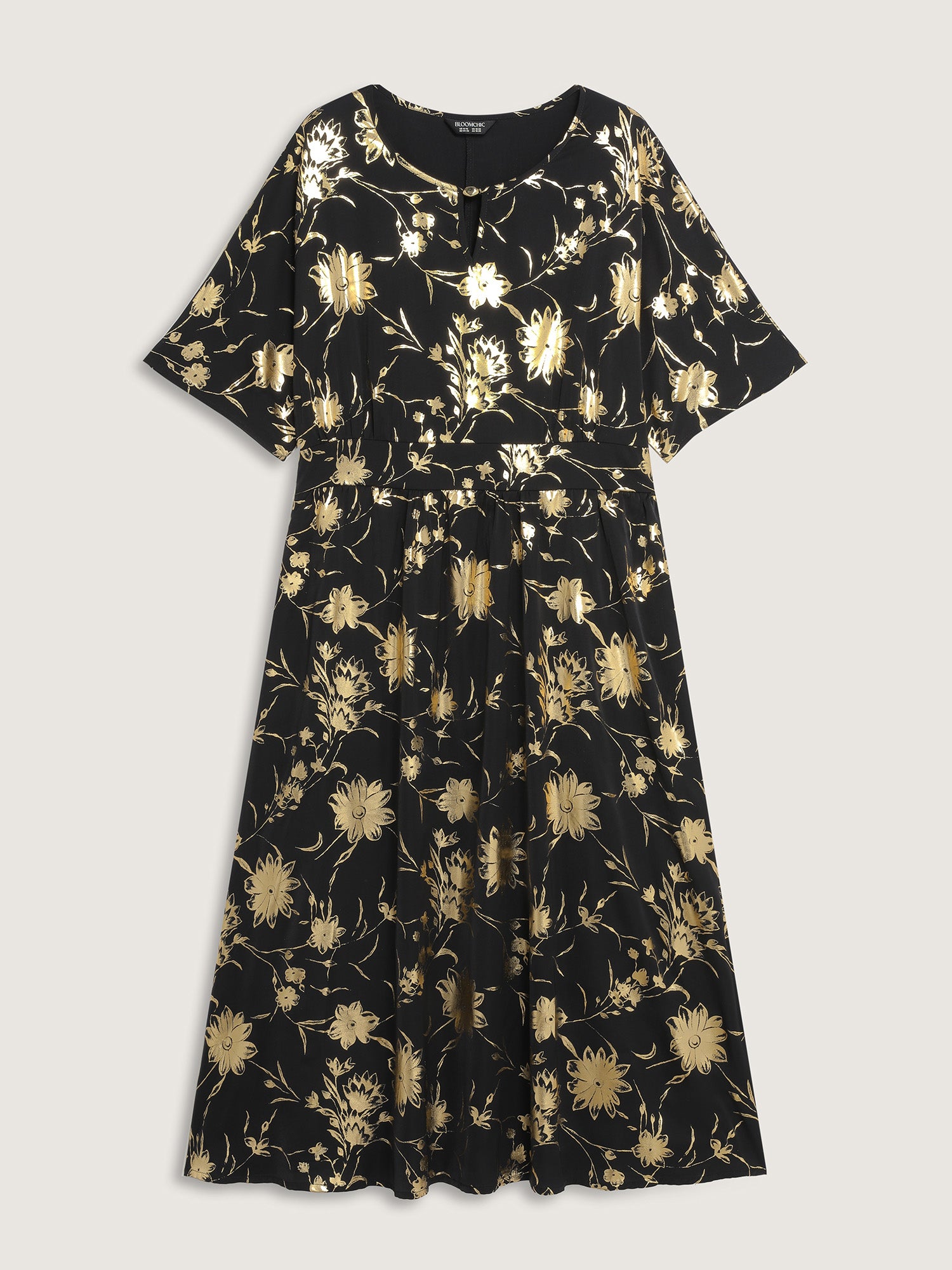 Gold Stamp Shirred Back-Waist Maxi Dress