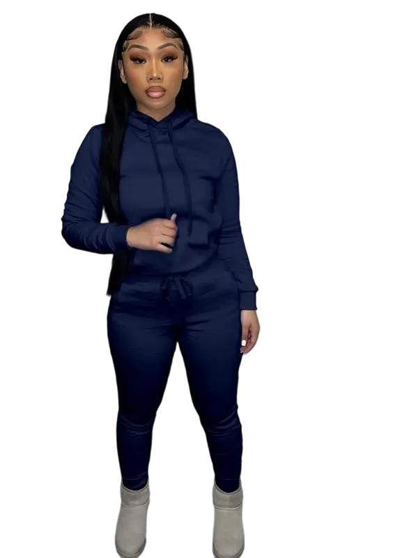 Women's drawstring hoodie and pocket sweatpants two-piece set