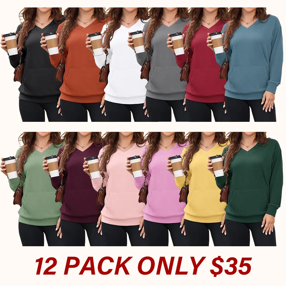 Women's hoodless V-neck fleece long-sleeved shirt with kangaroo pocket