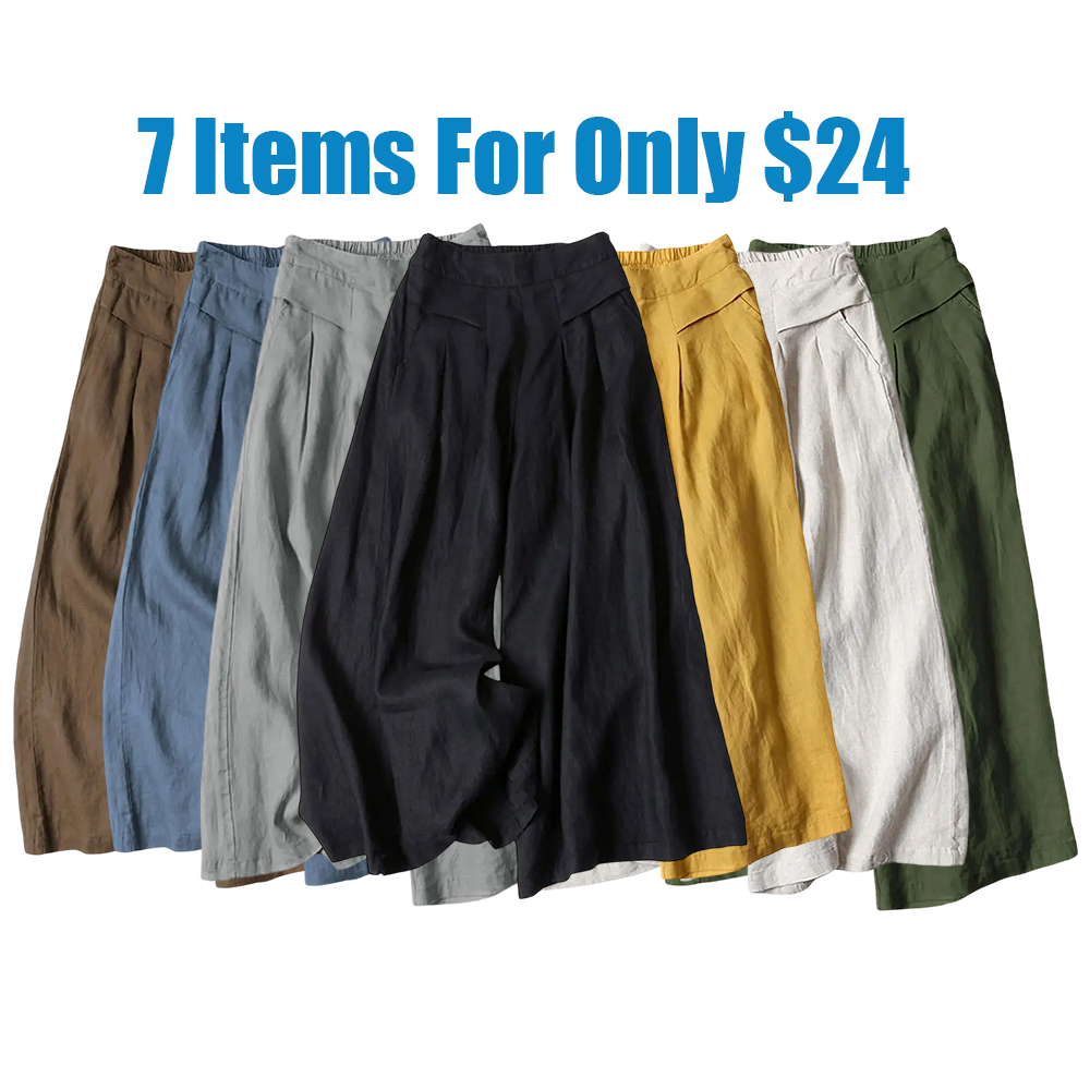 Women's Cotton Linen Culottes Pants Elastic Waist Wide Leg Palazzo Trousers Capri Pants with Pockets