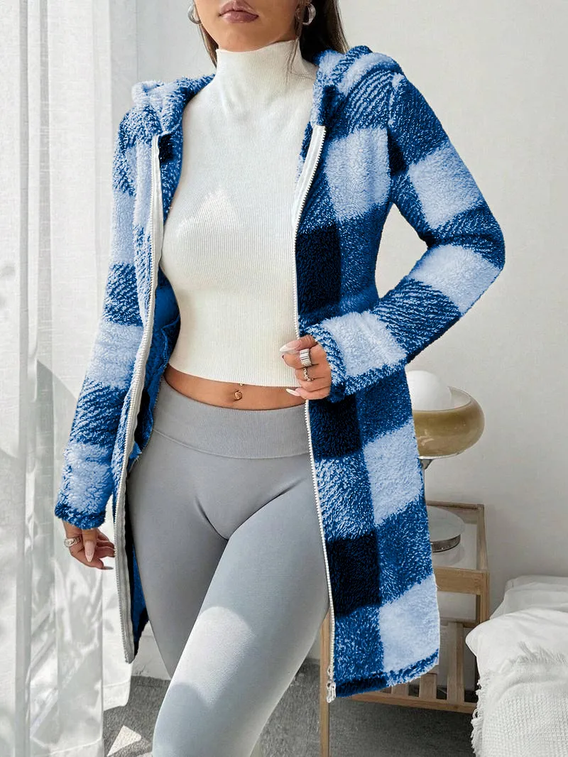 Women's Plaid Fleece Long Sleeve Hooded Coat