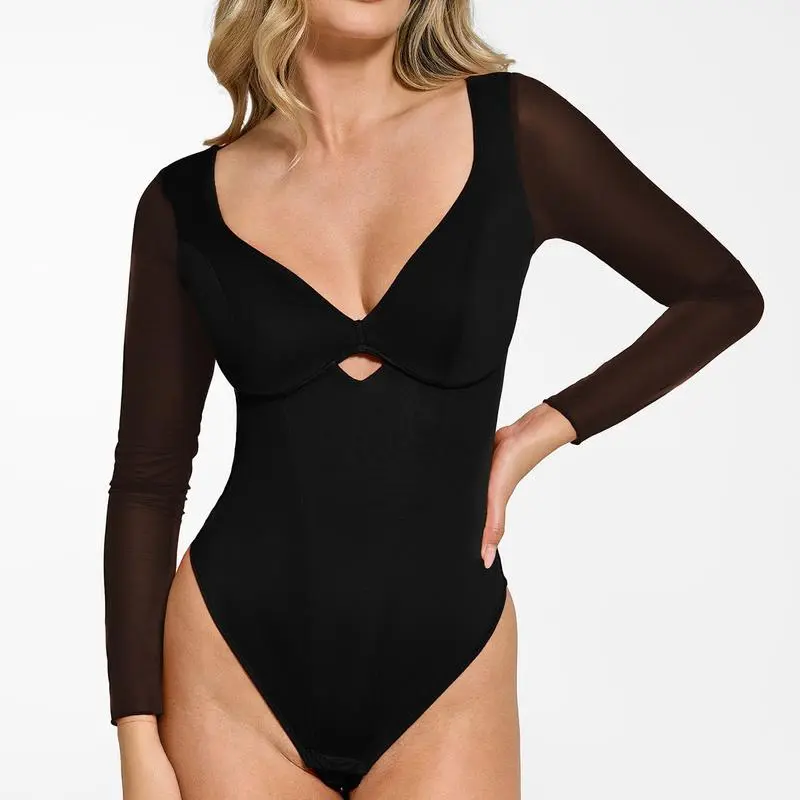 Deep V-Neck Long Sleeve Bodysuit Breathable Fabric Sheer Lace Turtleneck with Built-in Bra