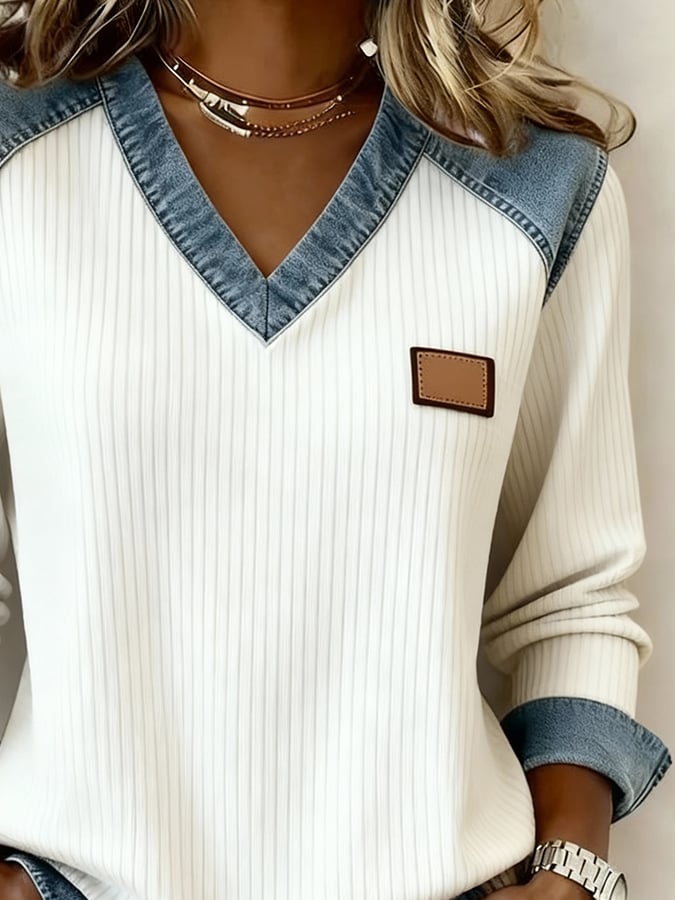 Women'S Casual V Neck  Patchwork Pullover Sweatshirt