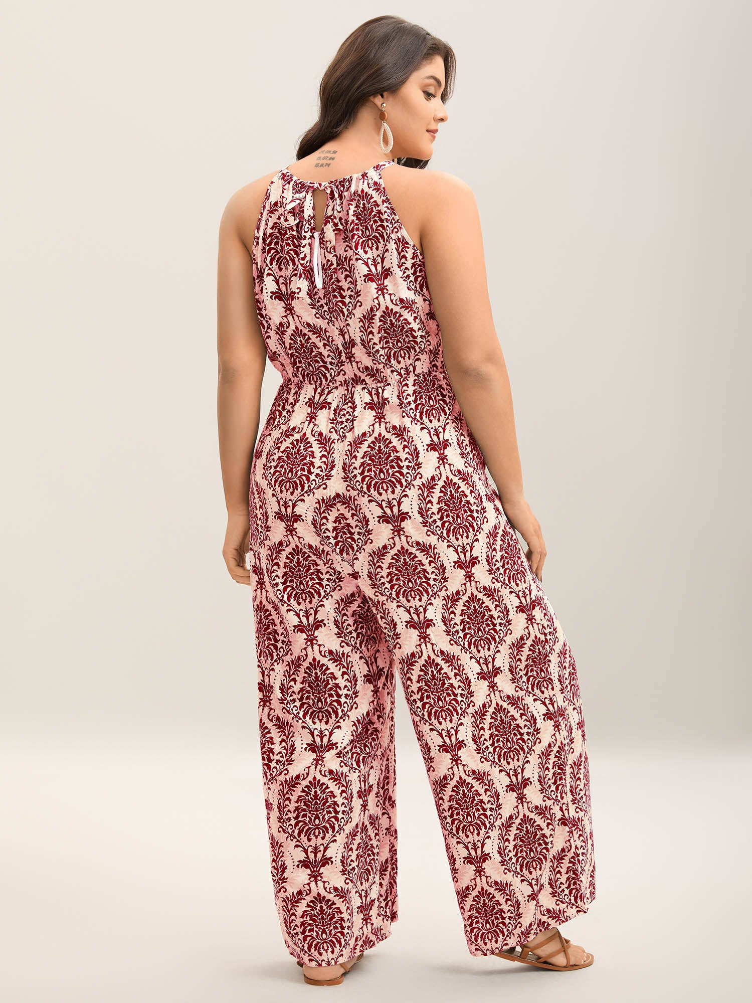 Rayon Damask Print Stretchy Waist Jumpsuit