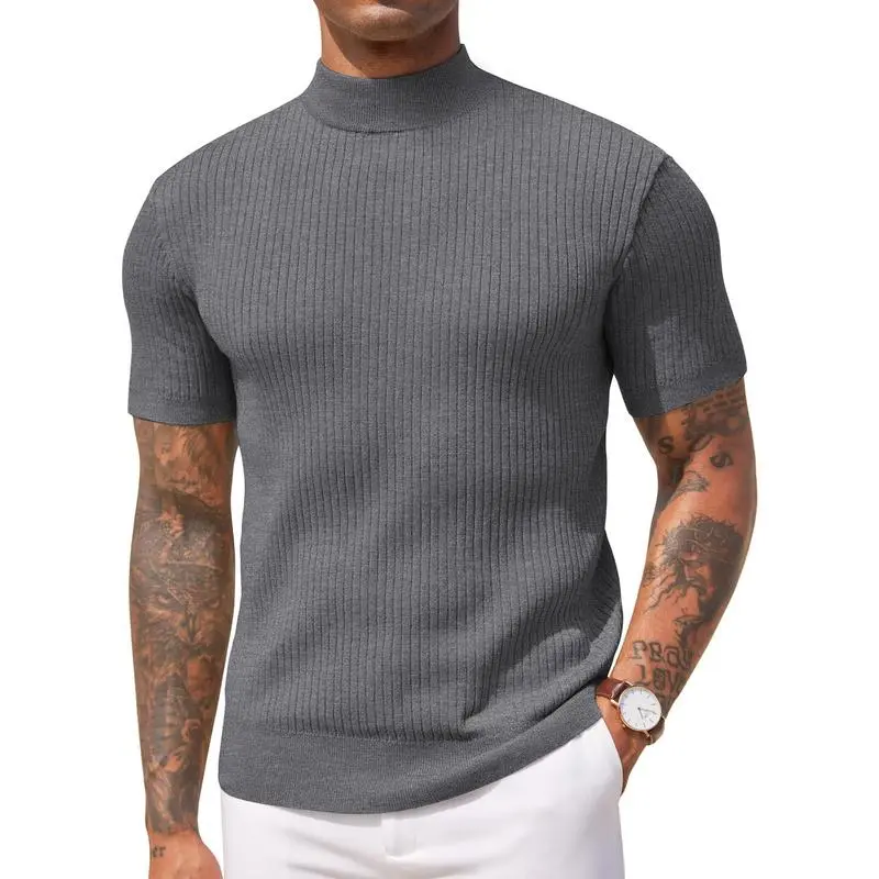 Men's Mock Turtleneck Sweater Short Sleeve Casual Basic Tops Ribbed Knit Pullover Solid Tee(100%Polyester)
