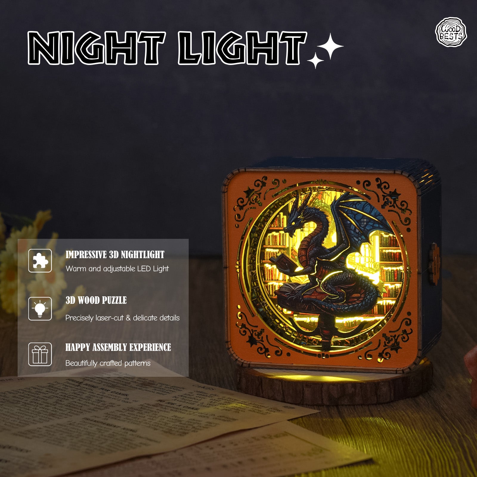 Library Dragon Kit - 3D Wooden Puzzle Night Light