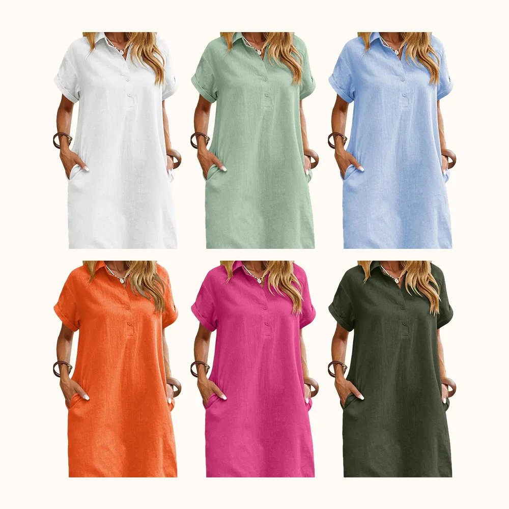 Womens Cotton Shirt Dress Summer Casual Short Sleeve Button Down Beach Cover Up Shirts with Pockets