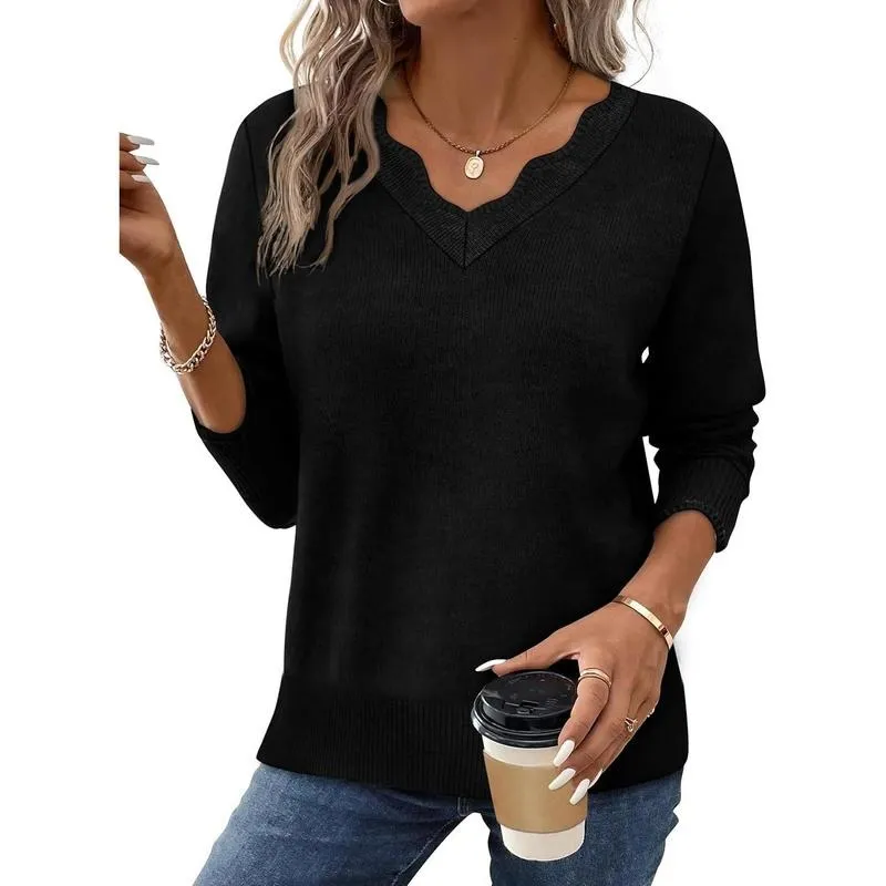Women's Soft V-Neck Pullover Sweater Lightweight Knit Top for Layering Casual Apricot Longsleeves