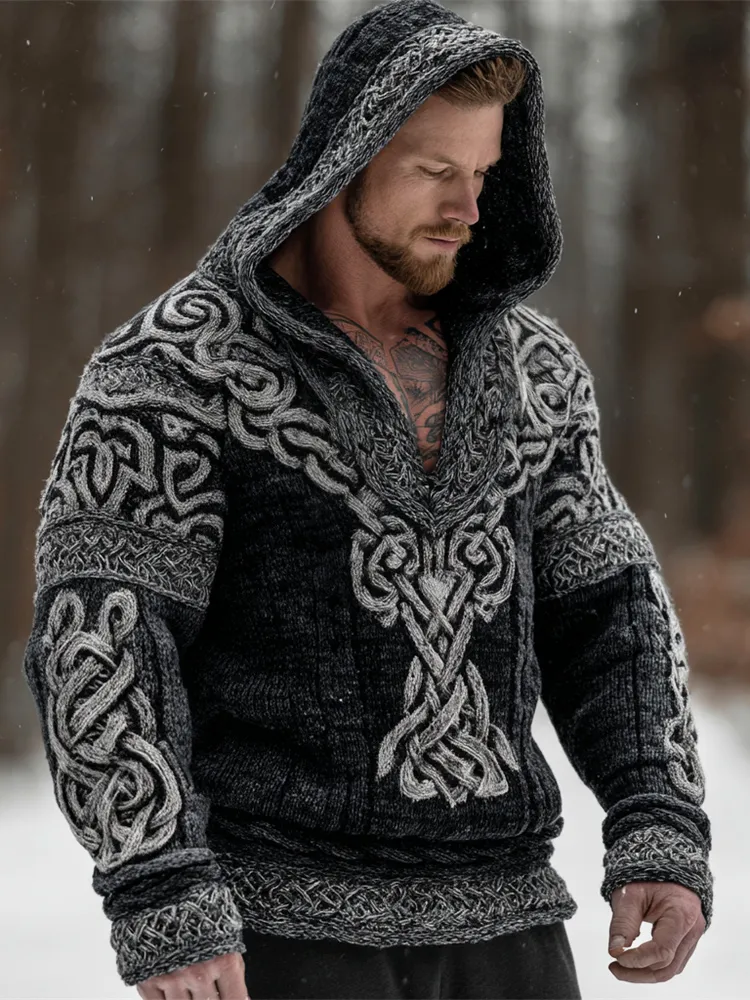 Viking Tree & Celtic Knot Men's Hooded Knit Sweater