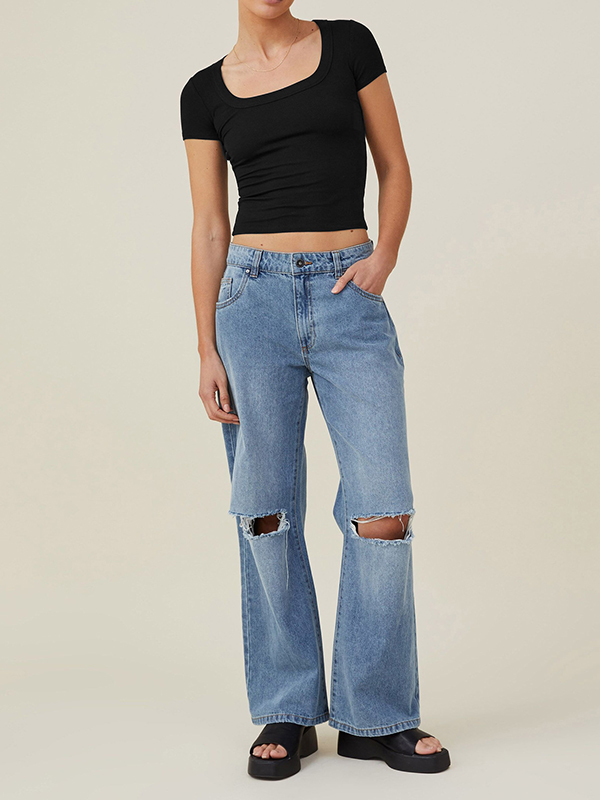 Solid Color Short Sleeves Skinny Square-neck T-Shirts Tops