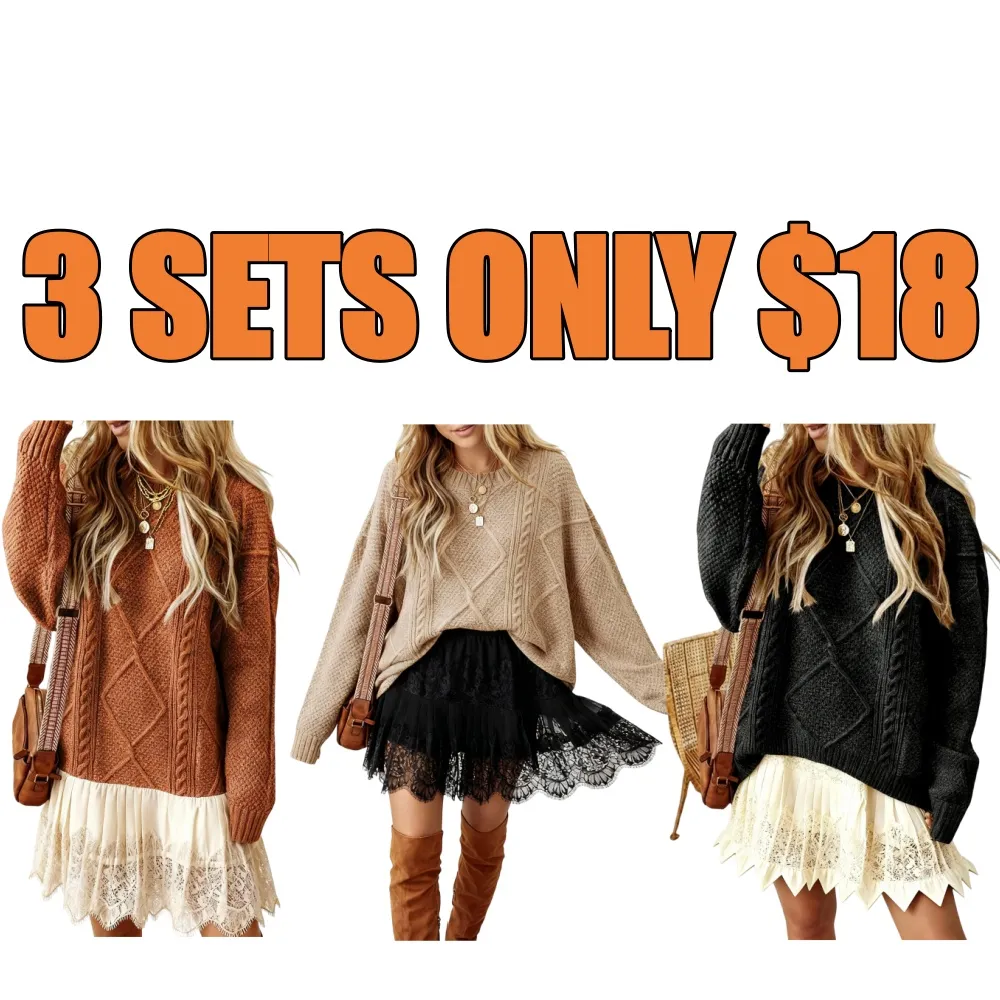 2025 Women's Cable Knit Lace Mini Sweater Dress 2PC