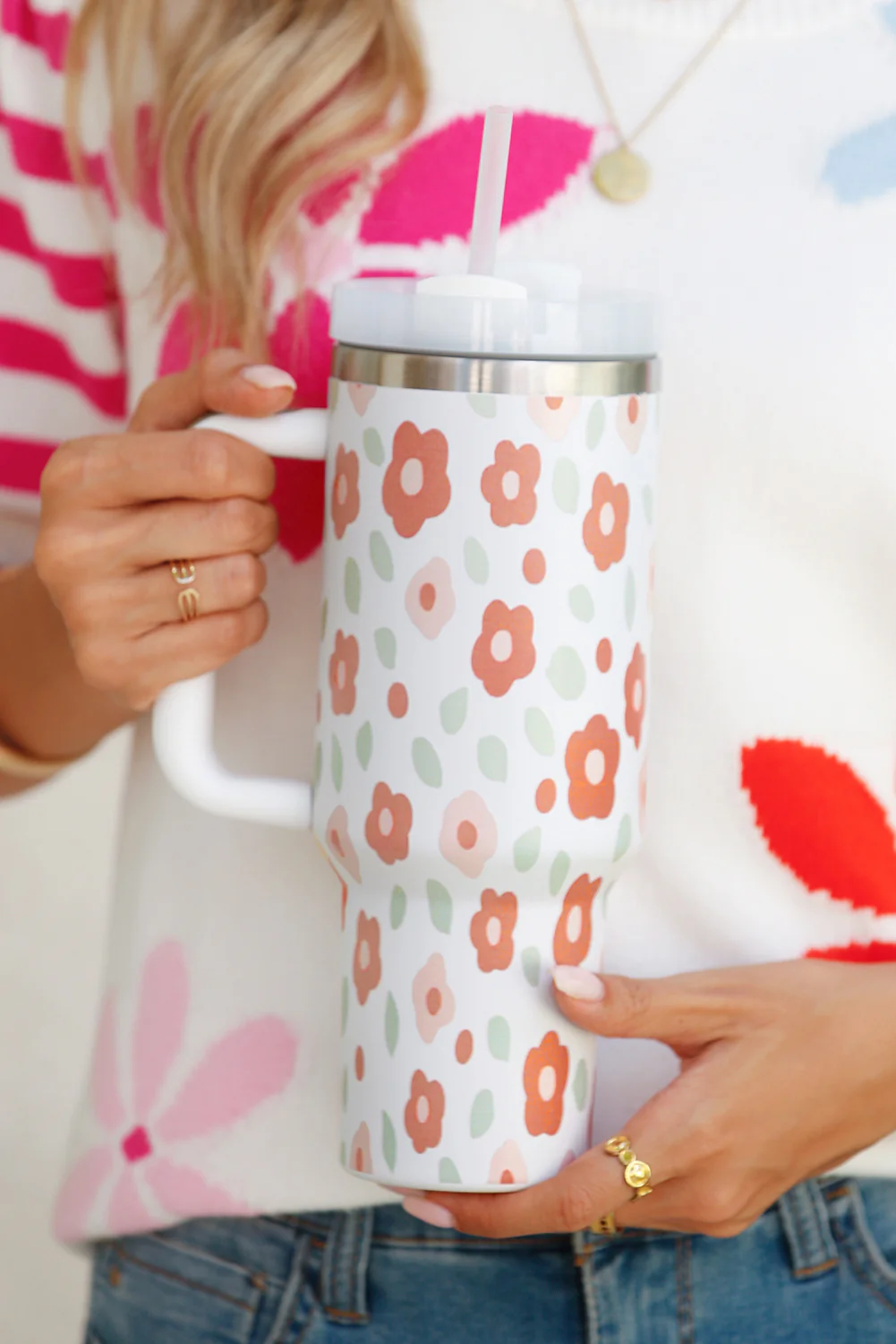 White Floral Leaves Print Stainless Large Portable Cup 40oz