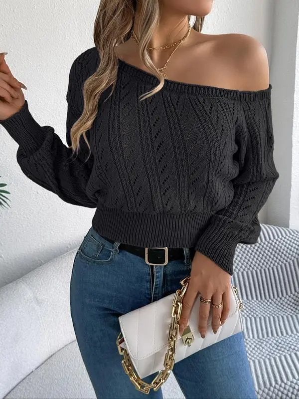 Women's Fall Asymmetrical Neck Hollow-Out Raglan Sweater