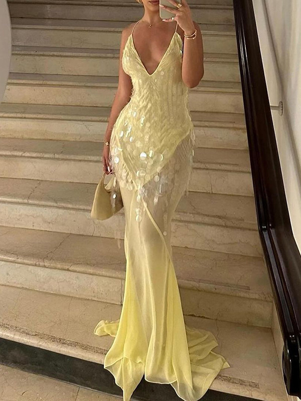Shiny Sequinned Spaghetti-Neck Backless Sexy Mermaid Maxi Dresses