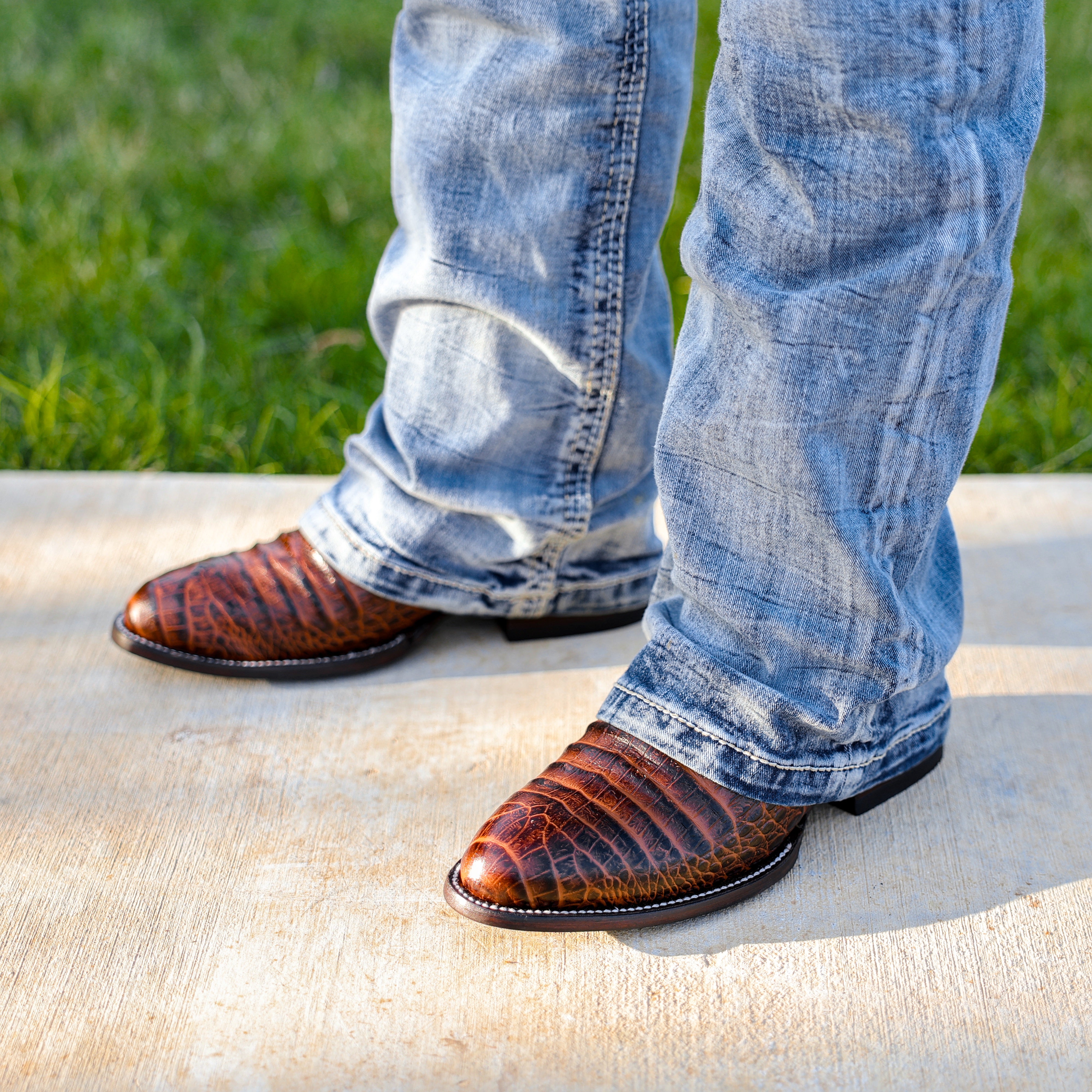 Cognac Caiman Belly Leather Boots - Round Toe