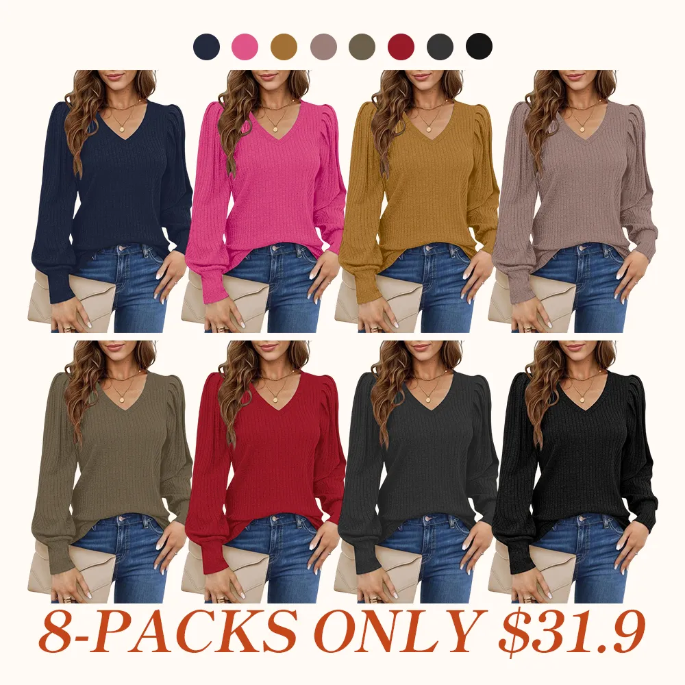 Women's Knit Shirt Soft Puff Long Sleeve Blouse Tops