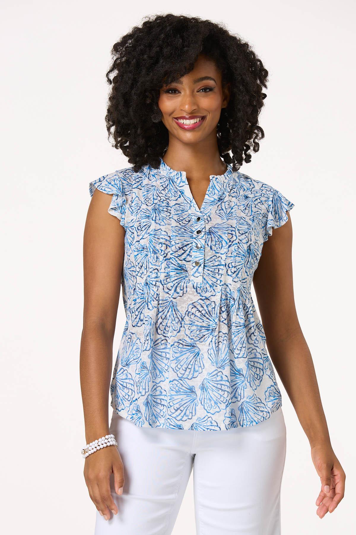 Shell Print Flutter Sleeve Top